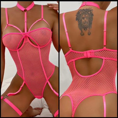 Women Sexy Pink Mesh Bodysuit Lingerie Set