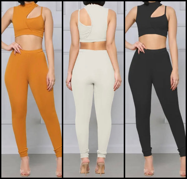 Women Sleeveless Solid Color Crop Two Piece Pant Set