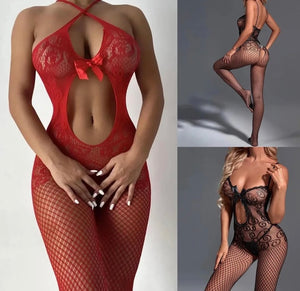 Women Sexy Lace Hollow Out Fishnet Feet In Bodysuit Lingerie