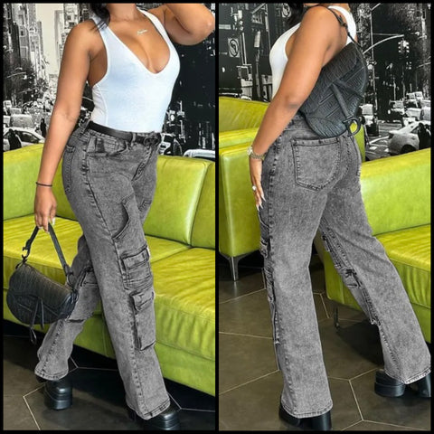 Women Fashion Pocket Denim Pants