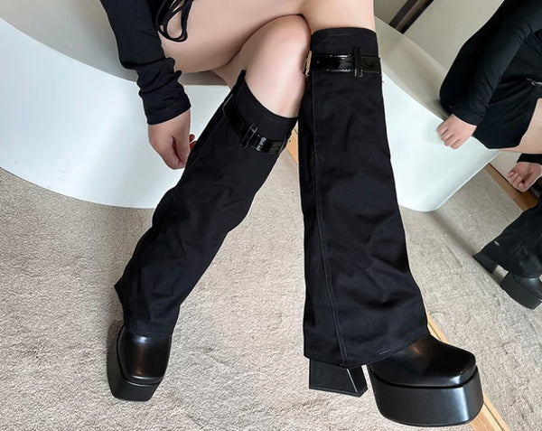 Women Fashion Denim Buckled Platform Boots