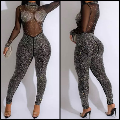 Women Sexy Full Sleeve Rhinestone Mesh Jumpsuit