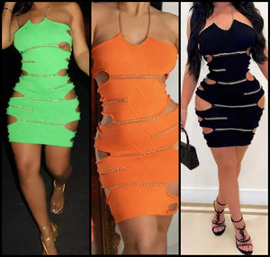 Women Halter Chain Patchwork Cut Out Dress