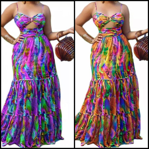 Women Sleeveless Printed Cut Out Maxi Dress