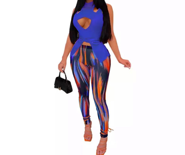 Women Sexy Sleeveless Two Piece Multicolored Pant Set