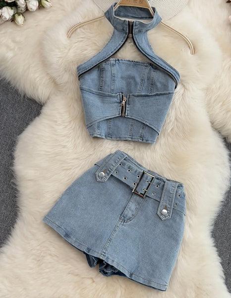 Women Halter Zipper Denim Two Piece Skirt Set