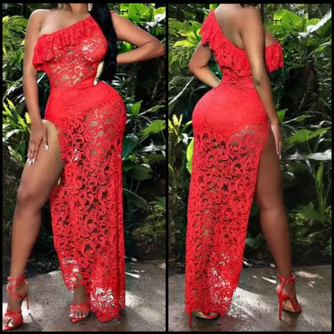 Women Sexy Red Lace One Shoulder High Split Maxi Dress