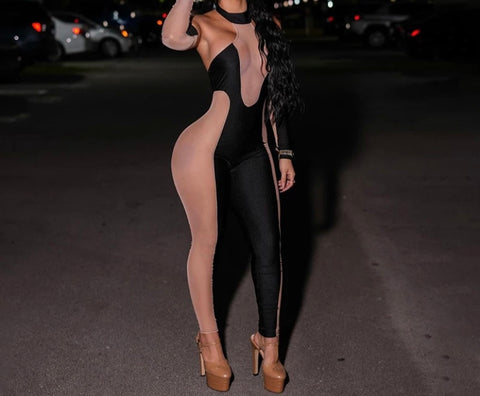 Women Sexy Black Mesh Patchwork Fashion Jumpsuit