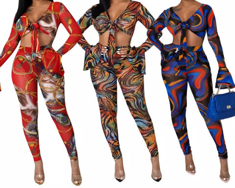 Women Sexy Crop Multicolored Print Two Piece Pant Set