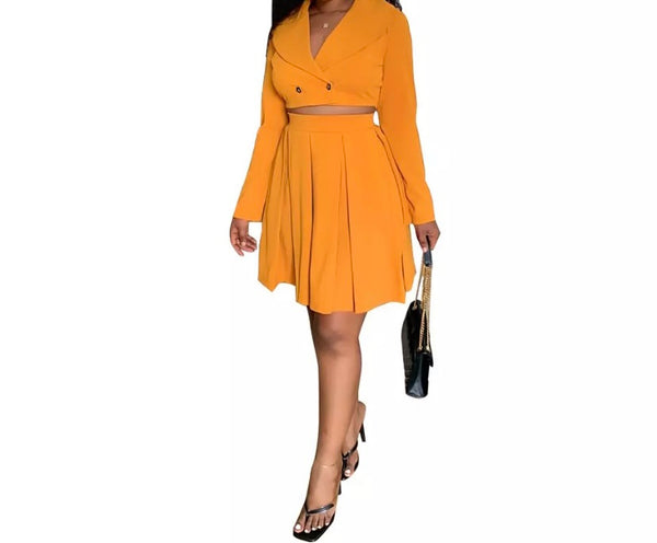 Women Solid Color Two Piece Crop Blazer Pleated Skirt Set