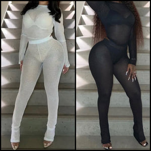 Women Fashion Full Sleeve See Through Two Piece Pant Set