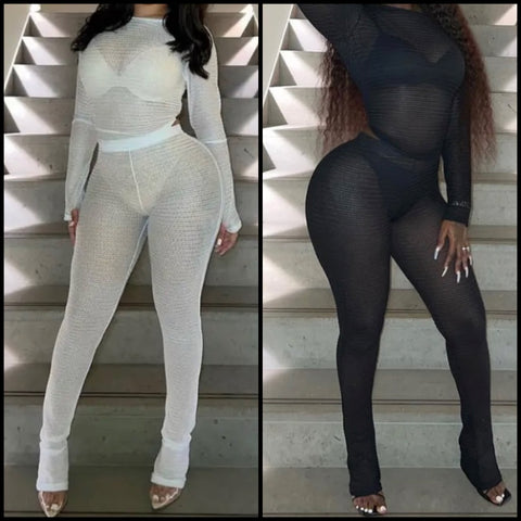Women Fashion Full Sleeve See Through Two Piece Pant Set