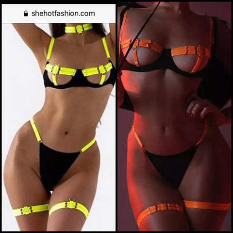 Women Sexy Neon Choker Lingerie Set