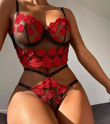 Women Sexy Rose Mesh Lingerie Set