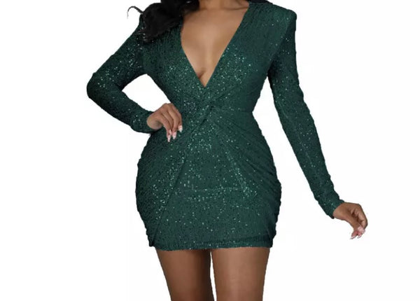 Women Sexy Sequins Ruched Full Sleeve Dress