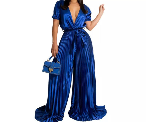 Women Sexy Short Sleeve Pleated Wide Leg Jumpsuit