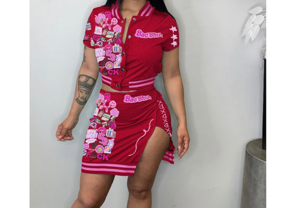 Women Printed Short Sleeve Varsity Two Piece Skirt Set