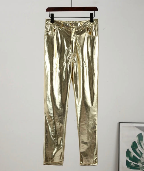 Women Fashion Metallic PU Skinny Pants