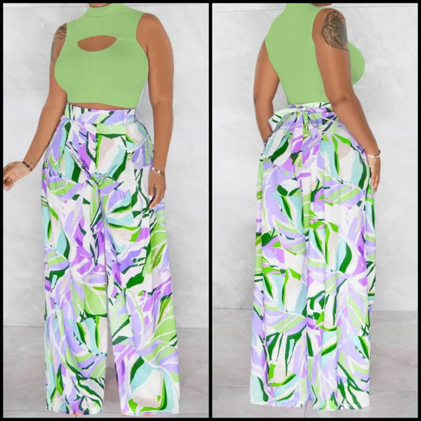 Women Sexy Sleeveless Cut Out Crop Two Piece Printed Wide Leg Pant Set