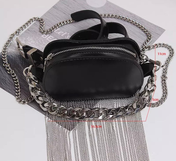 Women Fashion Black Chain Tassel Handbag Purse
