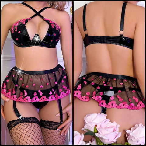 Women Sexy PU Mesh Heart Print Lingerie Set