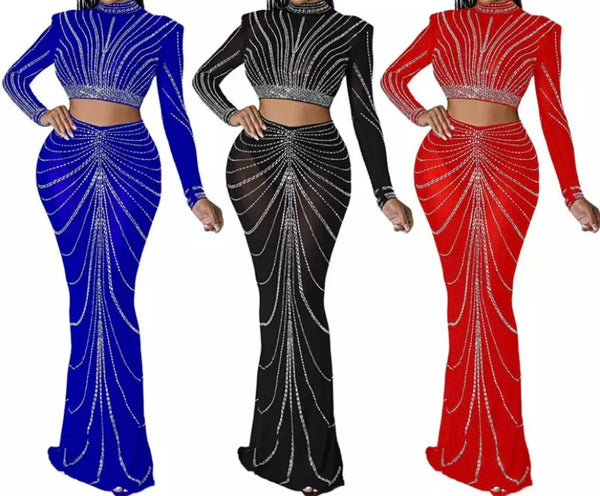 Women Bling Sexy Full Sleeve Crop Two Piece Maxi Skirt Set