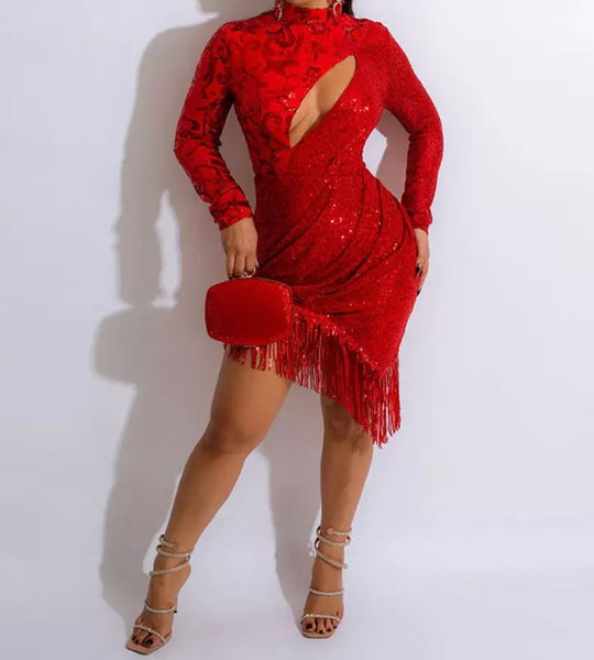 Women Sexy Sequins Cut Out Full Sleeve Fringe Dress
