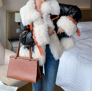 Women PU Faux Fur Patchwork Fashion Buckled Jacket