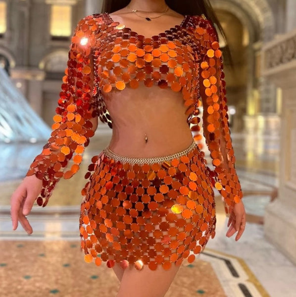 Women Sexy Orange Mirror Full Sleeve Chain Two Piece Skirt Set