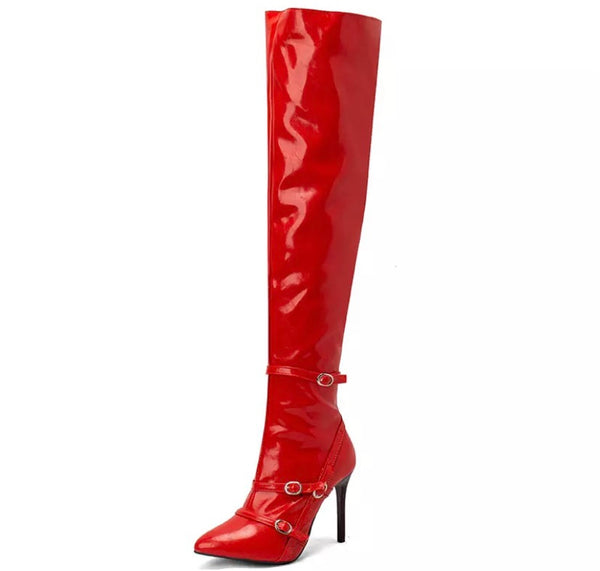 Women Fashion Pointed Toe Buckled Over The Knee Boots