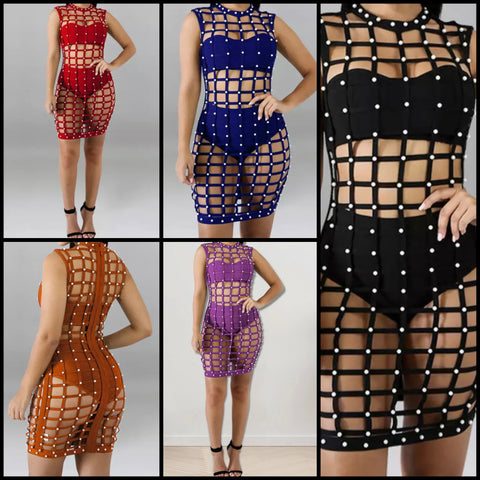 Women Sexy Sleeveless Pearl Hollow Out Dress