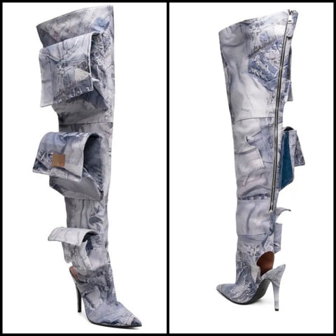 Women Fashion Printed Pocket Over The Knee Boots