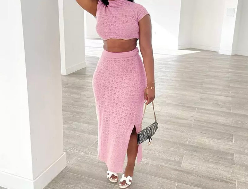 Women Pink Sexy Short Sleeve Two Piece Maxi Skirt Set