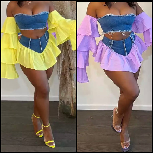 Women Sexy Off The Shoulder Ruffled Flare Sleeve Two Piece Denim Patchwork Skirt Set