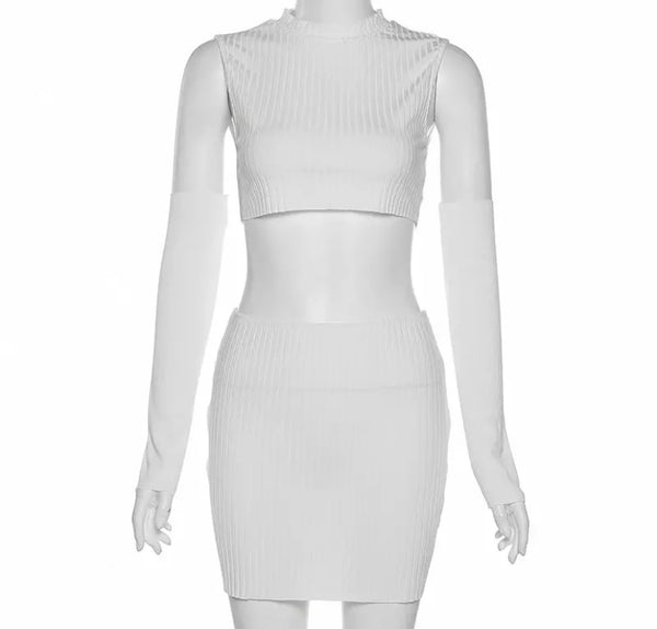 Women Sexy Crop Two Piece Ribbed Skirt Set