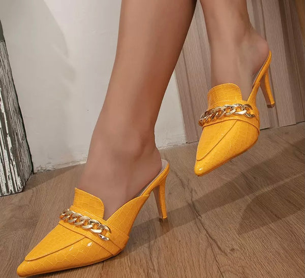 Women Pointed Toe Chain Patent Leather Slip On Shoes