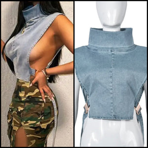 Women Fashion Sleeveless Buckled Denim Vest Top