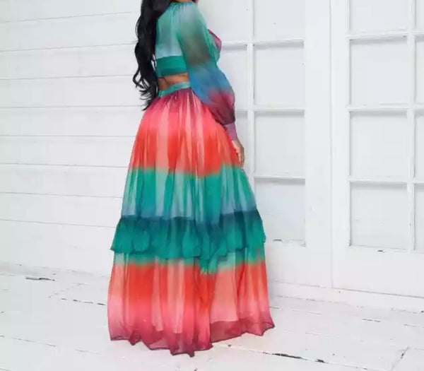 Women Gradient Sexy Full Sleeve Ruffled Maxi Dress