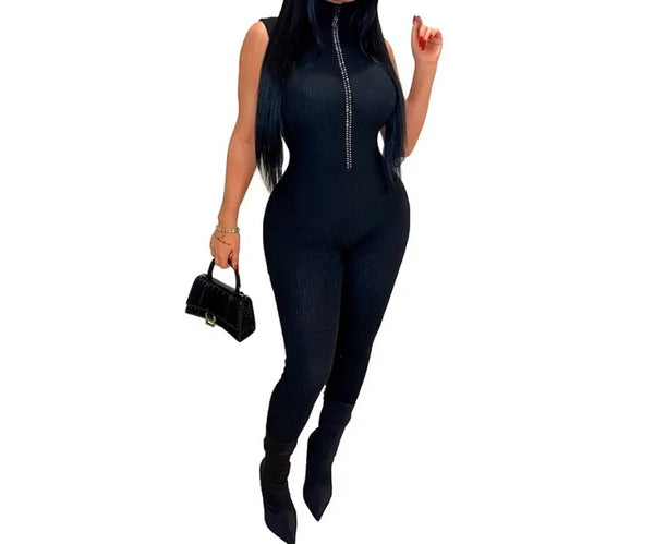 Women Sleeveless Fashion Front Zipper Jumpsuit