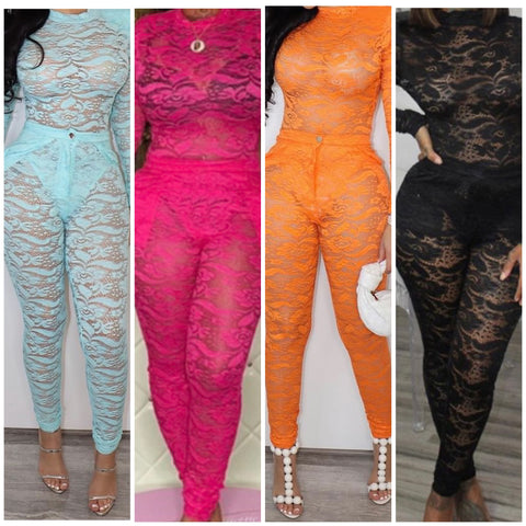 Women Sexy Lace Two Piece Full Sleeve Pant Set