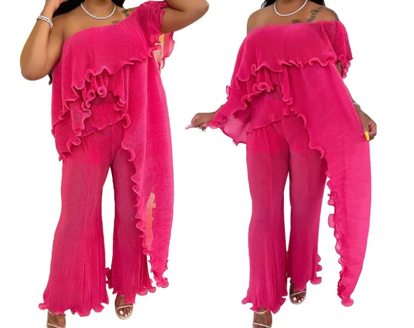 Women Sexy Off The Shoulder Ruffled Asymmetrical Two Piece Pant Set