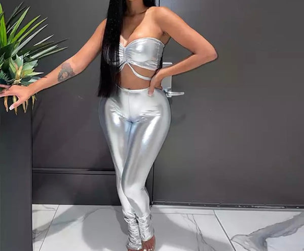 Women Sexy Strapless Silver Two Piece Pant Set