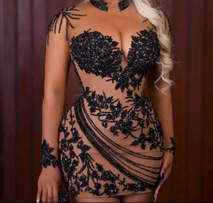 Women Sexy Beaded Full Sleeve Mesh Dress