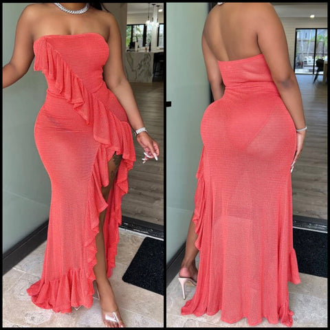 Women Sexy Ruffled Strapless Maxi Dress