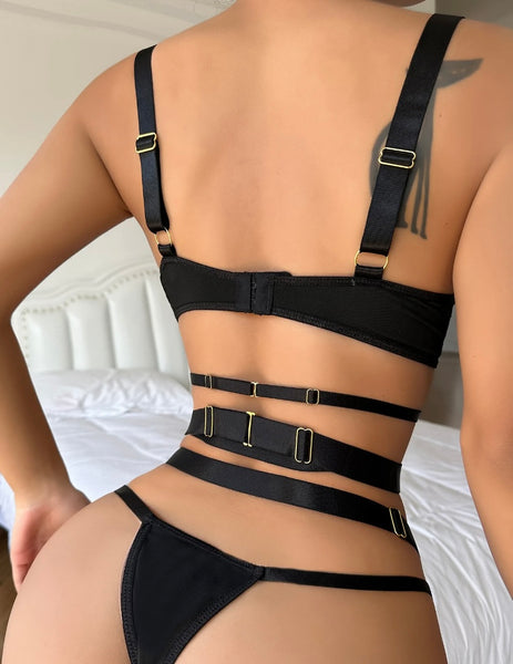 Women Sexy Black Gold Buckled Zipper Lingerie Set