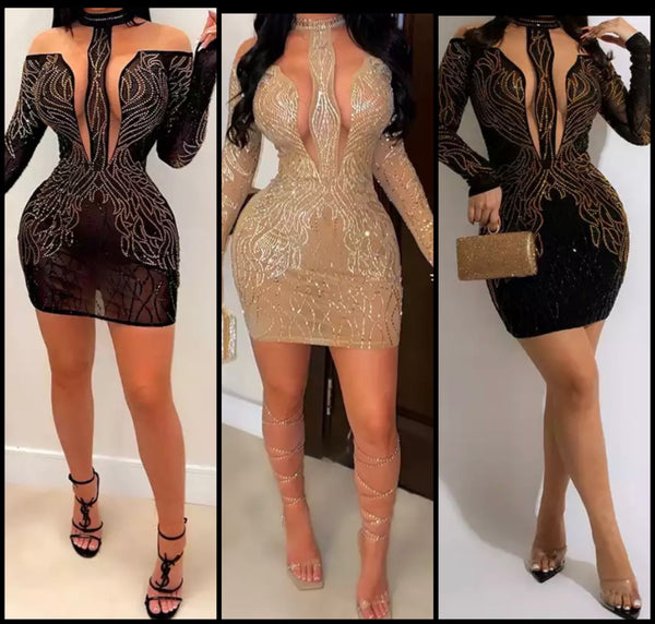 Women Mesh Patchwork Rhinestone Sexy Long Sleeve Dress