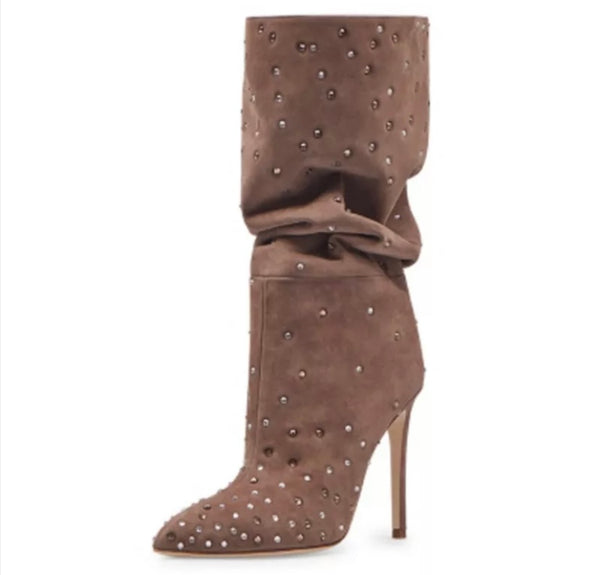 Women Rhinestone Pointed Toe High Heel Boots