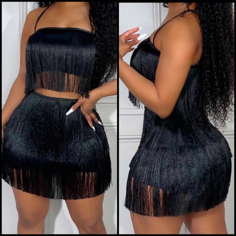 Women Sexy Black Sleeveless Tassel Crop Two Piece Skirt Set