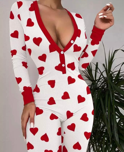 Women Sexy Heart Print Open Back Onesie Lingerie