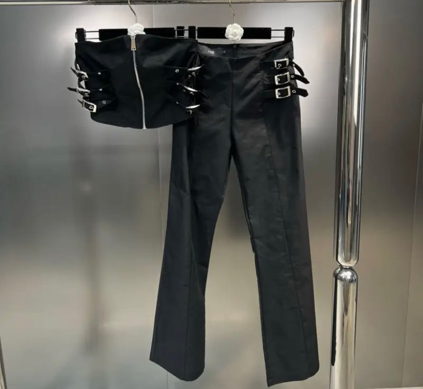 Women Sexy Buckled Strapless Crop Two Piece Pant Set